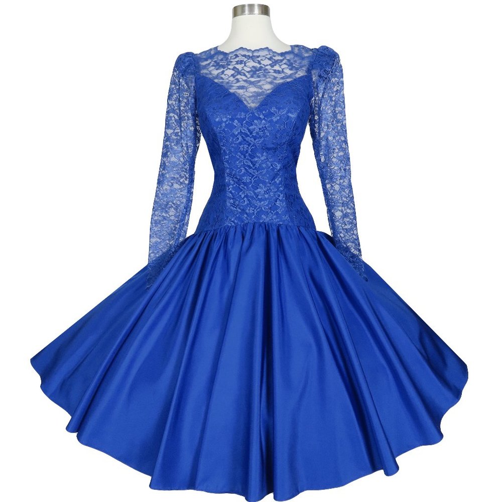 Vintage 80s Royal Blue Lace Long Sleeve Full Skirt Prom Party Dress M Medium